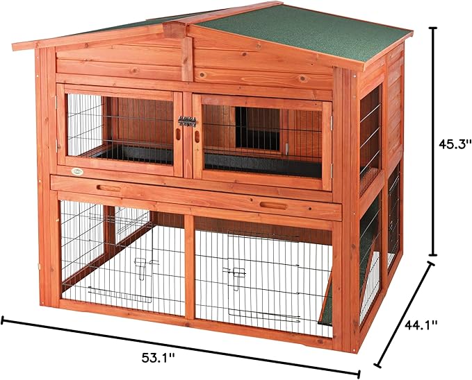 TRIXIE natura Outdoor Deluxe Rabbit Hutch with Run - Large 2-Story Rabbit Cage with Non-Slip Ramp - Elevated Small Animal House with Secure Playpen, Hinged Roof & Two Pull-Out Trays - in Natural