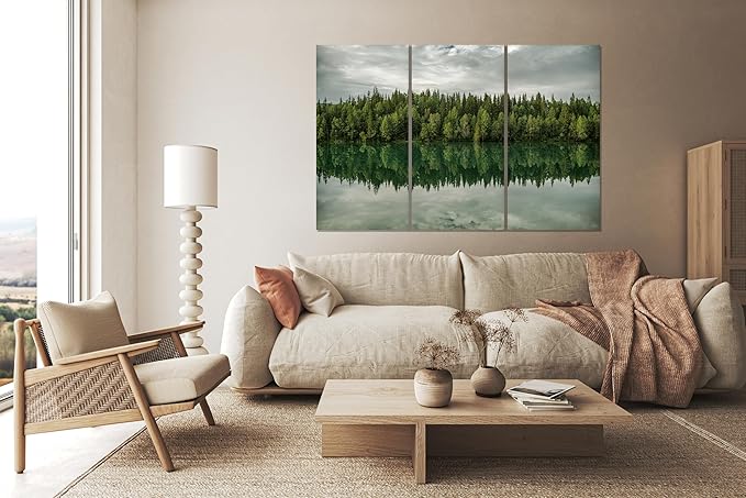 Nature Wall Art Prints - Ocean Forest Mountain Lake Canvas Landscapes - Small to Extra Large Living Room Bedroom Kitchen Bathroom Décor (Forest Reflection, 55L" x 83W"- 3 Panels)