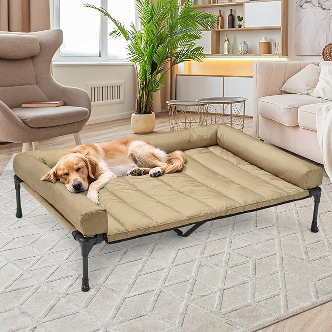 Veehoo Cooling Elevated Dog Bed Add Removable Waterproof Bolster Cushion Mat, Raised Pet Cot with Breathable Teslin Mesh, No-Slip Feet, Dog Couch Bed for Indoor Outdoor, 59x37.5inches, Beige, CWC2331B