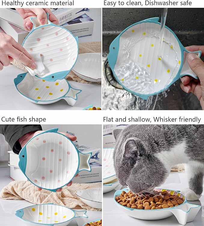 Double Whisker Friendly Ceramic Cat Food Dishes, Cute Shallow Anti Whisker Fatigue Wide Cat Bowl for Indoor Cats, Whisker Relief Flat Cat Plates for Wet Food, Small Pet Kitten Feeding Dish