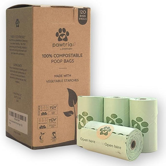 Pawtria Certified Home Compostable Dog Poop Bags (120), Biodegradable Poop Bags for Dogs, Cat Litter, Vegetable Starches, Eco-friendly Dog Waste Bags, Leakproof, Easy to Open, Give Back
