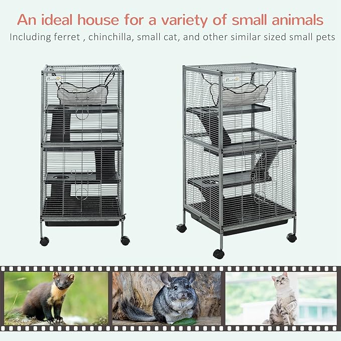 PawHut Metal Small Animal Cage, 4-Tiers Rolling Big Ferret Cage with Hammock, Removable Tray, for Chinchilla, Sugar Glider, Gray