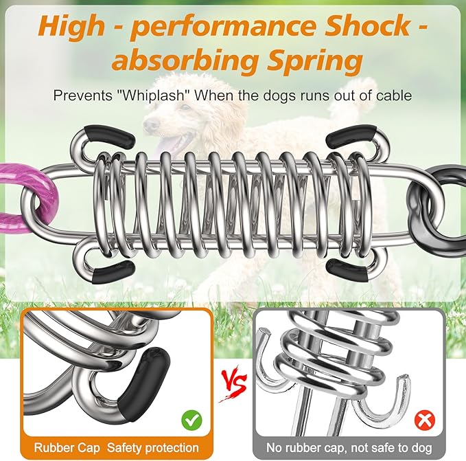 Tresbro 15 FT Dog Tie Out Cable with Spring, Shock Absorbing Tether Chains for Outside Aavilable in 10/15/20/25/30/40/50/70/100/120 FT, Heavy Duty Leads for Yard for Medium & Large Dogs Up to 500 LBS