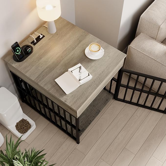 IRONCK Dog Crate Furniture for Small Dogs, Wooden Dog Kennel with Flip Top Drawer, Indoor Pet Crate End Table with Charging Station, Steel-Tube Dog Cage, Gray