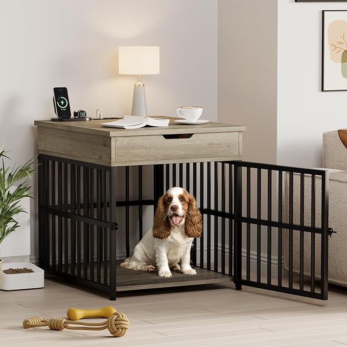 IRONCK Dog Crate Furniture for Small Dogs, Wooden Dog Kennel with Flip Top Drawer, Indoor Pet Crate End Table with Charging Station, Steel-Tube Dog Cage, Gray