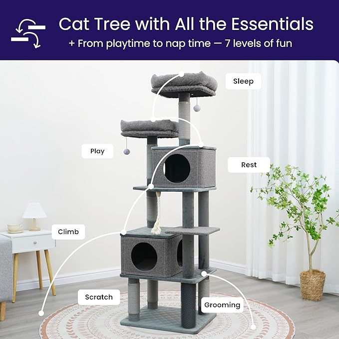 Catry® Stella 7-Level 67.5” Linen & Quilted Velvet Cat Tree with Recycled Paper Scratchers, Two Condos, Removable Beds, Toys, Easy to Clean, Ideal for Large Cats and Multi-Cat Homes (Zinc Gray)
