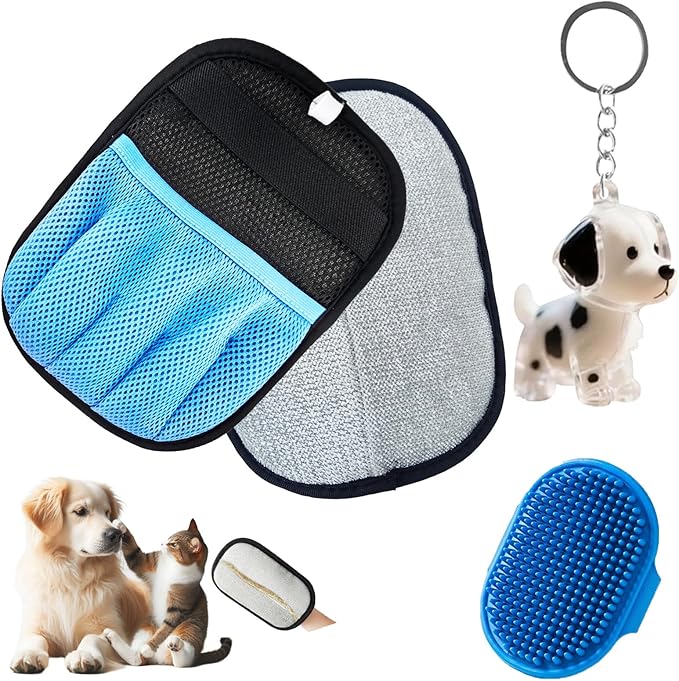 Blue Pet Hair Removal Gloves for Dogs,Pet Hair Collector Keychain,Five-Finger Cat Grooming Gloves ,Reusable Electrostatic Pet Hair Removal Tool for Furniture,Car,Couch,Carpet,Essential Pet Supplies