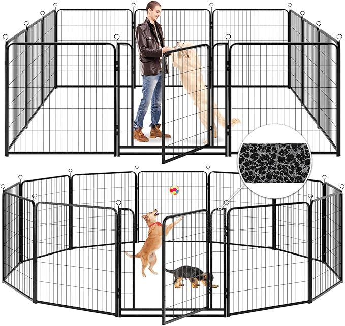 Dog Playpen Outdoor Extra Wide 12 Panels Heavy Duty Anti-Rust Coating-Strengthened Dog Fence 40" Height with Doors Portable for RV Camping Yard, Total 32FT, 79 Sq.ft, Snowy Black