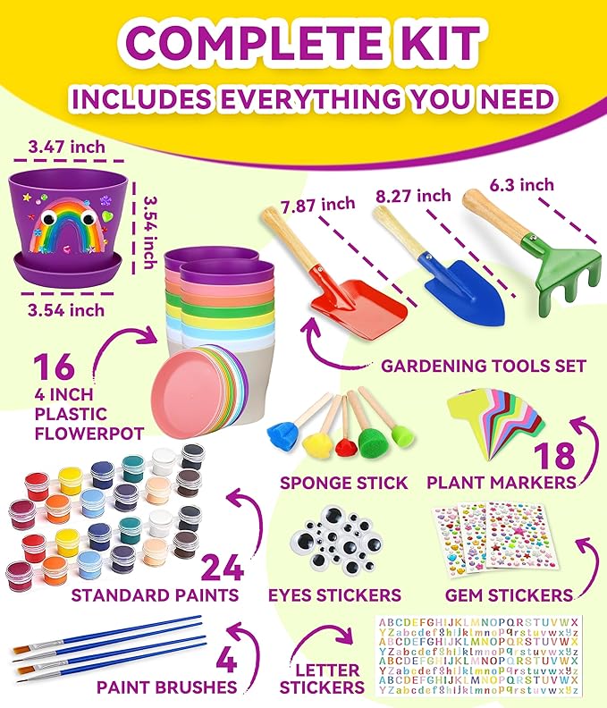 PAITIN Paint & Plant Garden Pot Craft Kit - 4 Inch Plant Pots, Kids Gardening Tools, Labels, Paints, Brushes, Gem & Eye Stickers - Perfect Spring Crafts Gifts for Women & Kids