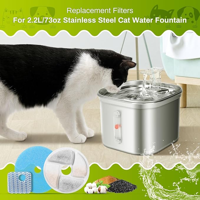 5 Set Cat Water Fountain Filter Replacement for Square 2.2L/73oz Stainless Steel Cat Fountain, ZEKIRY Pet Fountain Filter, Triple Filtration Replacement Filters(5 Filter, 5 Sponge, 5 8D Sponge)
