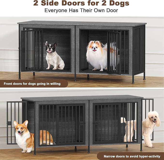 EasyCom 63" Dog Cage Furniture for 2 Pets with Divider, XL Wooden Double Dog Crate Furniture TV Stand for Mideum Breed, Durable and Sturdy