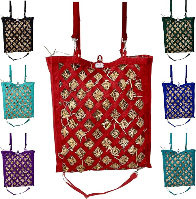 Majestic Ally Premium Nylon Hay Bag for Horses and Livestock, Simulates Grazing, Slow Feeding, Heavy-Duty PP Webbing,Quick-Adjust Straps, Small Hole for Digestion, Multiple Colors (Red)