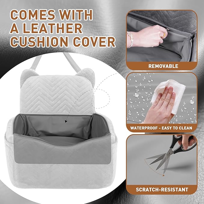 Dog Car Seat Booster with Waterproof Cover, Memory Foam, Small/Medium Dog Bed for Car Back Seat for Travel, Black/Grey, 2 Safety Belt