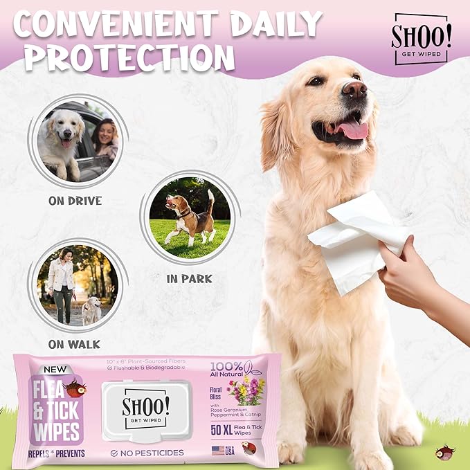 Shoo! Flea & Tick Wipes for Dogs | Convenient, Easy On-The-Go Protection | Plant Based, Natural Oils, Chemical Free | Repels & Prevents | 50 XL Wipes | (Floral Bliss)