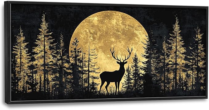 Large Moon Deer Forest Wall Art for Living Room, Black Gold Canvas Oversized Wall Decor, Elk Animal Framed Pictures Painting Print Artwork for Bedroom Office 60L" x 30W"