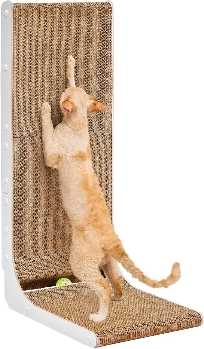 EHEYCIGA Cardboard Cat Scratcher for Indoor Cats, 32 Inch L Shaped Vertical Cat Scratching Board with Ball Cat Toy, Extra Large Cat Scratcher Pad, White