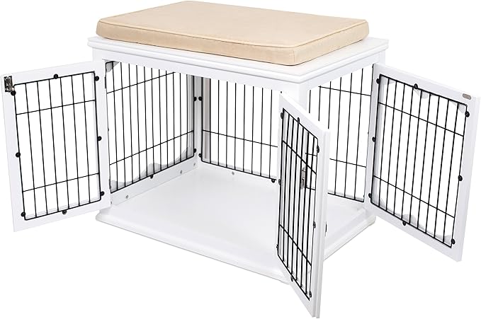 INTERNET'S BEST Decorative Dog Kennel with Pet Bed, Small Pet House, Double Door Indoor Crate, Engineered Wood & Wire Furniture, Side Table & Nightstand, Fits Small Dogs - White