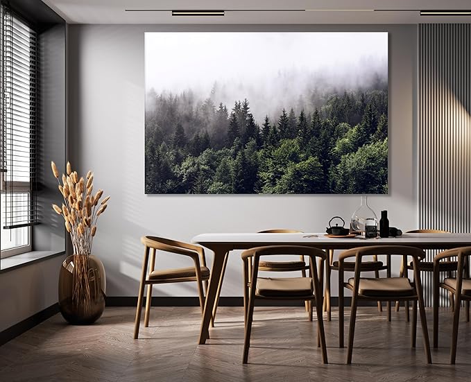 Nature Wall Art Prints - Ocean Forest Mountain Lake Canvas Landscapes - Small to Extra Large Living Room Bedroom Kitchen Bathroom Décor (Foggy Pine Forest, 16L" x 24W")