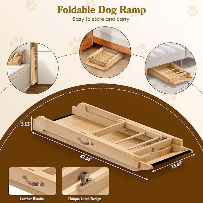Dog Ramp for Bed, 47" Long Non-Slip Portable Pet Ramp for Small Large Dogs, Wooden Adjustable Dog Ramps for Bed, Couch, Car -Non Slip Carpet Surface and Foot Pads, Height from 12" to 24", Up to 200LBS