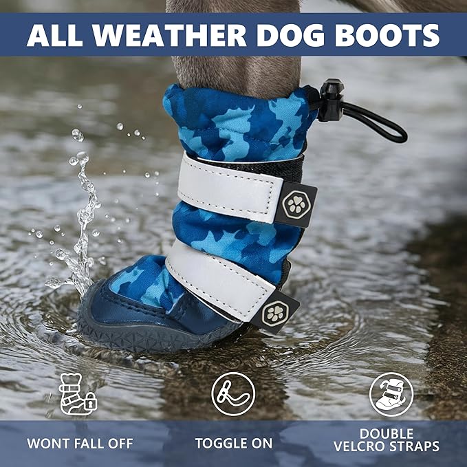 Spark Paws Dog Shoes, Waterproof Dog Boots for Medium to Large Dogs, Non Slip, Breathable Dog Booties and Paw Protectors - 4PCS Doggie Hiking Boots with Reflective Straps, Blue Camo, Size 7