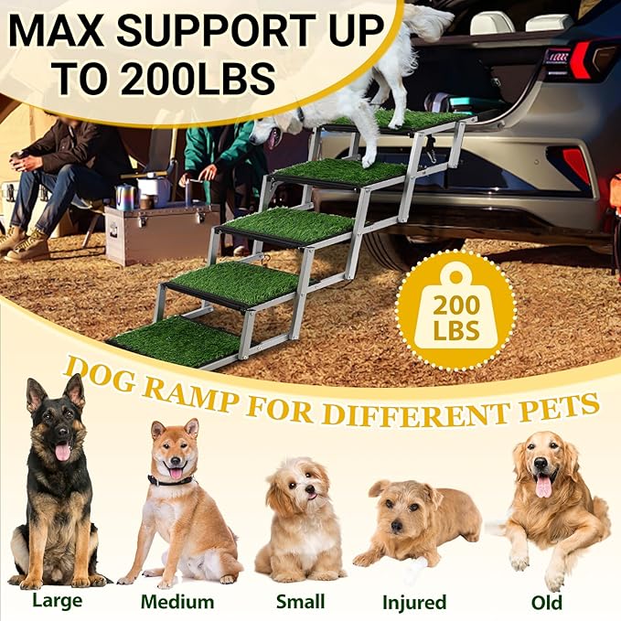 Extra Wide Dog Stairs for Car, Portable Folding Dog Steps for Large Dogs with Non-Slip Grass Rug for Cars, SUV, Trucks, Lightweight Pet Ramps Supports Up to 200 lb, 5 Steps