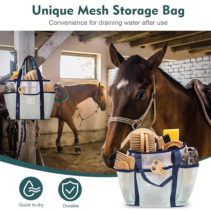 Horse Grooming Kit for Bathing, 13Pcs Horse-Brush Set with Mesh Bag, Shower Brushes, Braiding and Curry Comb, Sweat Scraper, Hoof Pick, Shedding Massaging Tool Supplies for Riders Beginners