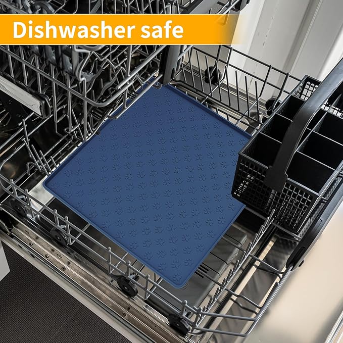 Ptlom Pet Placemat for Dog and Cat, Waterproof Non-Slip Silicone Feeding Bowl Mat Prevent Food and Water Overflow, Puppy Dish Feeder Fountain Trays Suitable for Medium and Small Pets, Navy Blue