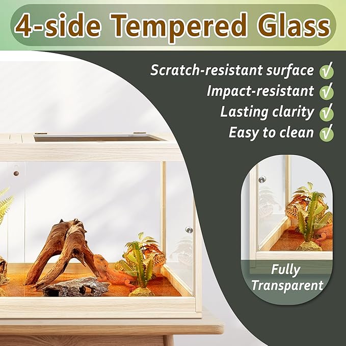 PROLEE Tempered Glass Bearded Dragon Tank,32 Gallon Reptile Tank with Meatl Mesh Roof and Front Sliding Door, Anti-Scratch Lizard Tank,Spacious Reptile Enclosure for Snakes,Lguanas, Chameleons (Oak)