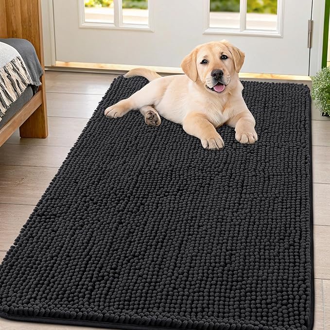 Smiry Dog Door Mat for Muddy Paws 47x32, Absorbs Moisture and Dirt Doormat, Non-Slip Washable Quick Dry Chenille Front Door Mat Indoor Entrance, Entryway Carpet for Inside Floor, Black