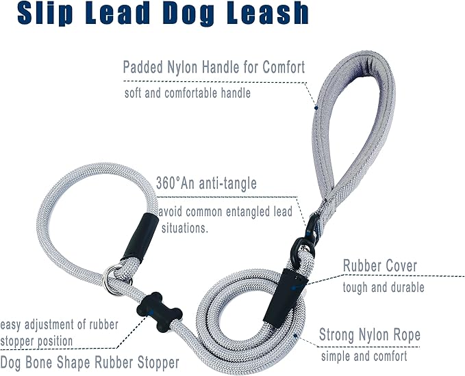 Slip Lead Dog Leash，Strong Nylon Rope Leash and Padded Handle,No Pull Outdoor Walking Training Lead for Small Medium Large Dogs (Grey,1/2"×4ft)