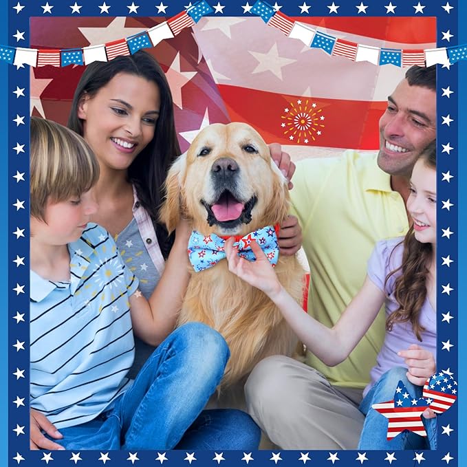 Hillban 50 Pcs Patriotic Collar Dog Bow Ties Blue and Red Star Print Dog Collar Accessories Bow Ties Attachment with Elastic Bands Detachable Charms for Pets Collar 4 of July Costume