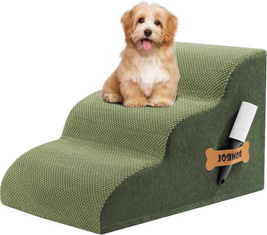 Romrol Dog Stairs Ramp for High Beds Couches, High Density Foam Pet Steps with Durable Non-Slip Waterproof Fabric Cover, Dog Stairs for Small Dogs or Cats or Pets, 3-Step,15 Inch,Green