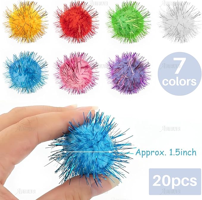 AUEAR, 20 Pack Sparkle Balls 1.5 Inches Tinsel Poms for Cats Pets Assorted Colors