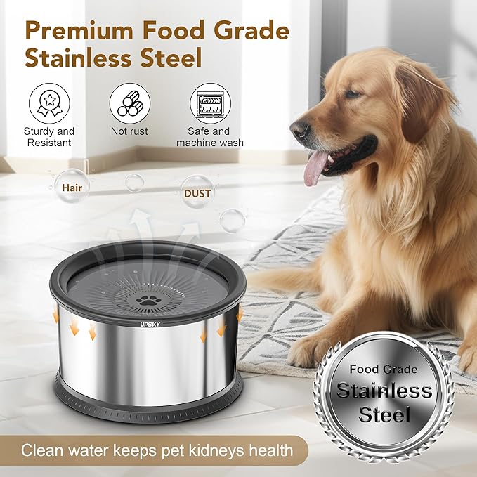 UPSKY 4.5L Dog Water Bowl,Large Capacity No Spill Dog Water Bowl,Stainless Steel Spill Proof Slow Water Feeder,No Splash Water Bowl with Anti-Slip Mat for Messy Drinkers Grey