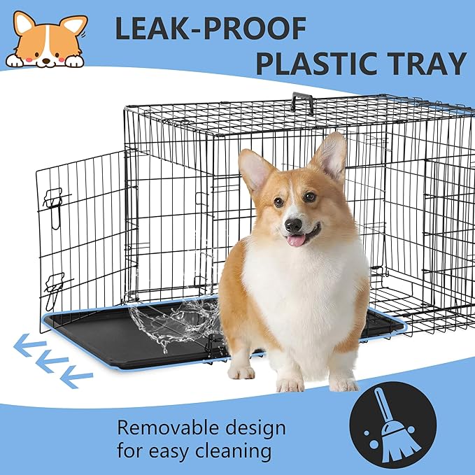 FDW 30 inch Dog Crate Dog Kennel Cage with Double Door Folding Metal Wire Dog Cage with Removable Tray&Divider Panel,Pet Crate for Medium Dogs,Black