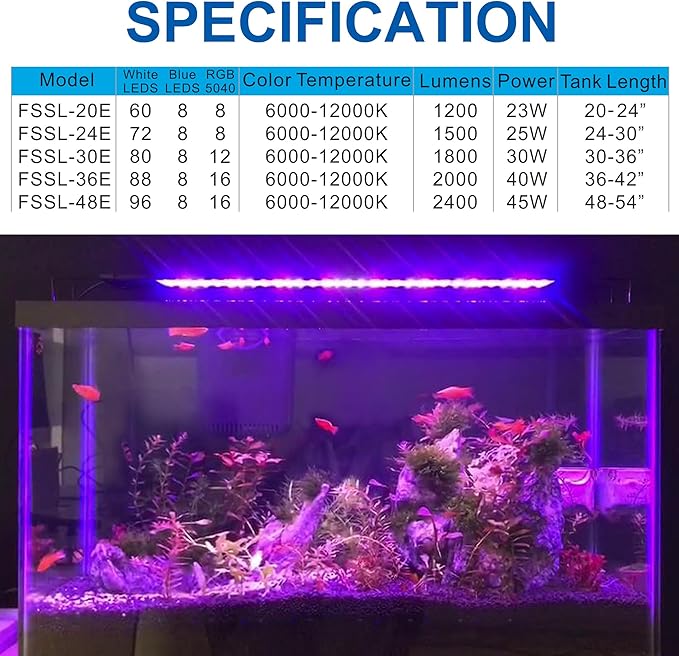 OYO WATER 20"-28" Aquarium LED Light with Timer, 24/7 Cycle, 5 Dimmable Brightness, Sunrise/Sunset Simulation for 10/20/30/55 Gallon Fish Tank