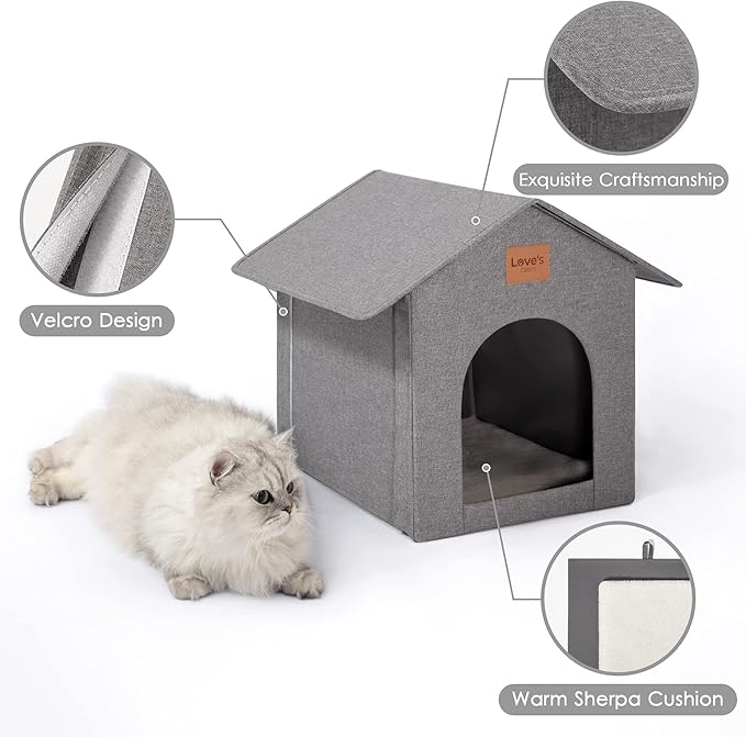 Love's cabin Outdoor Cat House Weatherproof, Insulated Feral Cat House Outdoor for Winter, Waterproof Outside House for Indoor Cats, Shelter with Removable Soft Cushion,Grey