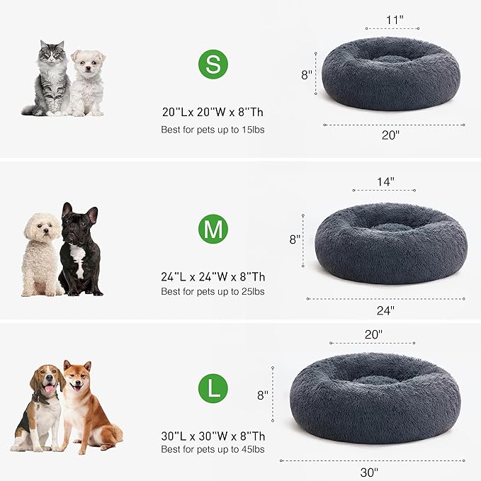 Love's cabin Calming Cat Bed for Indoor Cats,Anti-Anxiety Donut Round Dog Bed,Fluffy Faux Fur Washable Pet Bed for Small Medium Dogs and Cats,Bluish Grey,24in