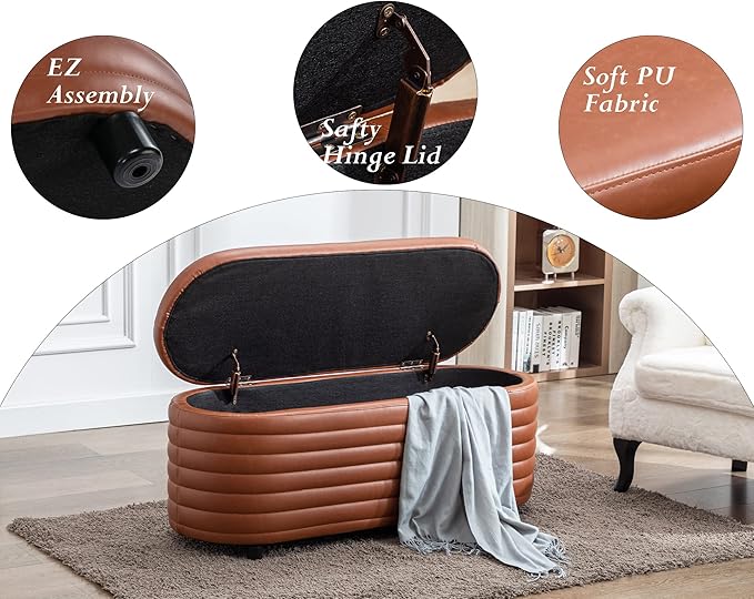 Storage Ottoman Bench Upholstered PU Leather End of Bed Stool with Safety Hinge for Bedroom, Living Room, Entryway (44.5-inch, Brown), TN2436