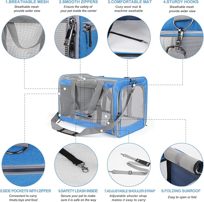 Pet Carrier for Large Cats of 20 Lbs, Collapsible Carrier Bag for Big Cat or 2 Kittens,Soft Sided Puppy Carrier with Sturdy Travel Transport Strap, Adequate Ventilation, 4 Mesh Windows (Blue)