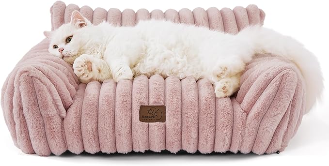 Bedsure Cute Cat Couch for Pets - Fluffy Cat Sofa with Premium Soft Corduroy Fleece, Fuzzy Pet Couch Bed with Removable Washable Cover, Supportive Chair for Indoor Cats, 24inch, Blush Pink