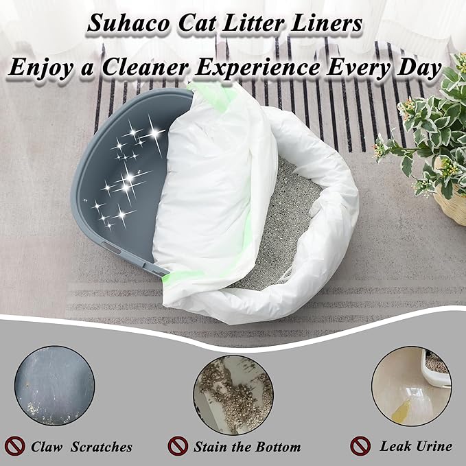 Suhaco Cat Litter Box Liners, Litter Pan Disposable Bags 2 Mil Thickened Cat Litter Liners with Drawstring 28 Pack Litter Bags for Easy Cleaning (L (Pack of 28))