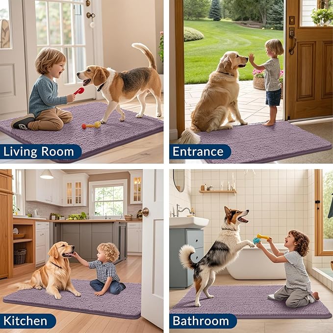Smiry Dog Door Mat for Muddy Paws 24x16, Absorbs Moisture and Dirt Doormat, Non-Slip Washable Quick Dry Chenille Front Door Mat Indoor Entrance, Entryway Carpet for Inside Floor, Deep Plum