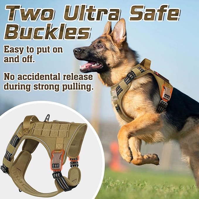 rabbitgoo Tactical Dog Harness for Large Dogs, No Pull Military Service Vest with Handle & Molle, Easy Control for Training Walking, Adjustable Reflective Straps, Brown, L