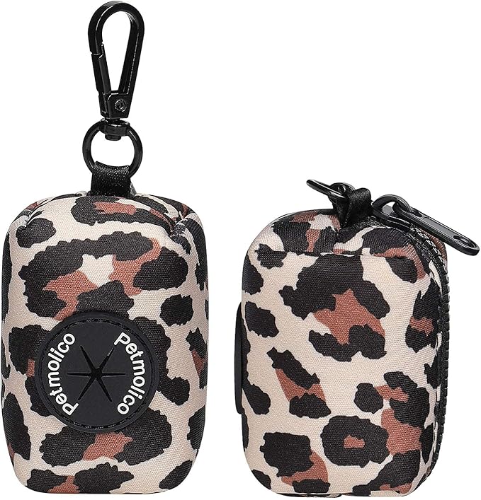 Petmolico Dog Poop Bag Holder Leash Attachment, Waste Bag Dispenser Zippered Pouch, Fits Any Leash, Includes Free Roll of Bags, 2 Pack - Leopard