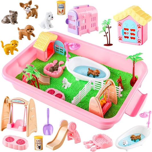 21 PCS Pet Sensory Bin, Dog & Cat Sandbox with Sand & Box, Play Sand Art Toys Kit, Pet Care Play Set, Beach Toys for Kids Ages 4-8, Birthday Gift Girls Boys 3 4 5 6 7 Years Old