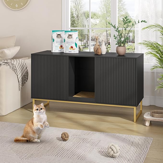 Litter Box Enclosure for 2 Cats, Fluted Hidden Cat Litter Box Furniture with Scratch Pad and Metal Legs, Modern Double Room Kitty House for Living Room, Washroom, 47.2”L x 17.7”W x 25.9”H, Black