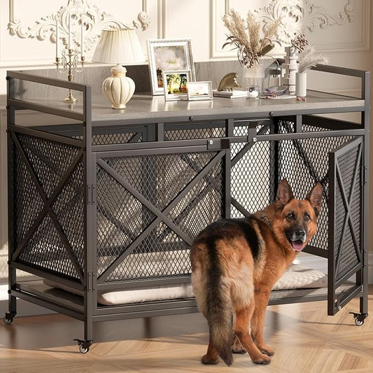 COZPAW Large Dog Crate Furniture, 48 Inch Wooden Dog Kennel for XLarge Dogs, Heavy Duty Dogs Furniture Indoor Wire Dog Cage with Caster Wheels,Decorative Pet House End Table, Textured Gray