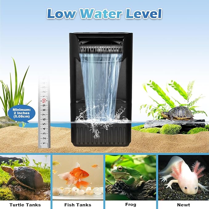 Turtle Tank Filter Aquarium Filter Power Adjustable 10-40 Gal. 222 GPH Small Internal Filter 3-Stage Waterfall Bio-Filtration Low Water Level for Freshwater Saltwater Fish Tank Reptile Shrimp Frog