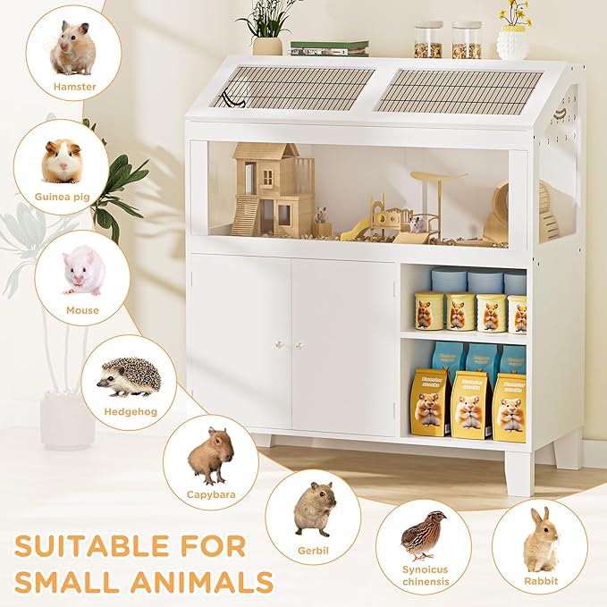Hamster Cage, Large Hamster Cage with Storage Cabinet, Large Habitat with Easy View Acrylic Panels, Wooden Small Animal Cages for Guinea Pigs, Rabbits, Gerbils, Hedgehogs, White